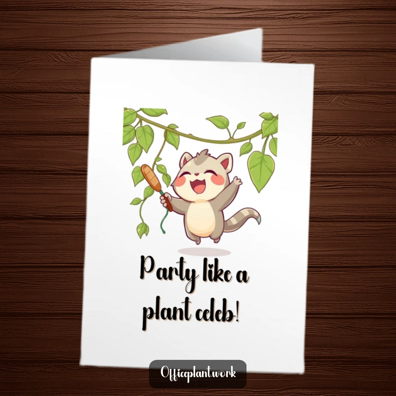 Funny Free Printable Birthday Card: A joyous creature playfully swatting at a dangling vine from a plant, celebrating.