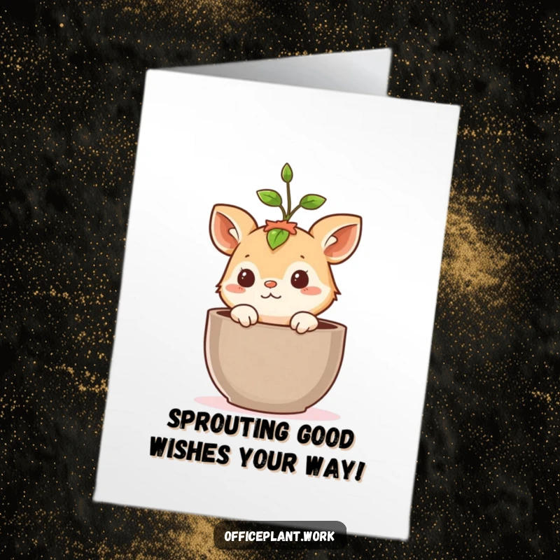Funny Free Printable Birthday Card featuring a curious animal peeking from a pot with a sprout, ready to wish Happy Birthday.