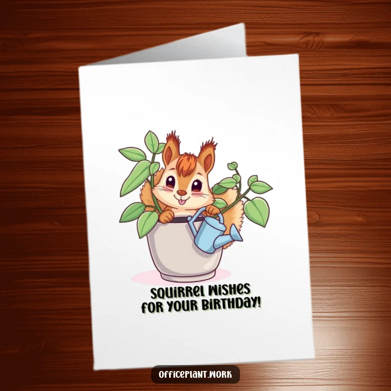 Funny Free Printable Birthday Card: A curious squirrel peeking from an office plant, holding a tiny watering can, ready to celebrate.