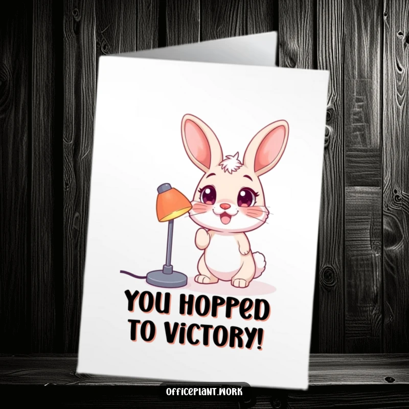Funny Free Printable Congratulations Card: A happy bunny nudging a desk lamp, celebrating your brilliant success and bright future.