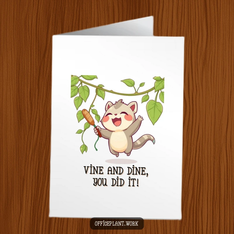 Funny Free Printable Congratulations Card: A joyous creature batting playfully at a plant vine, celebrating success.