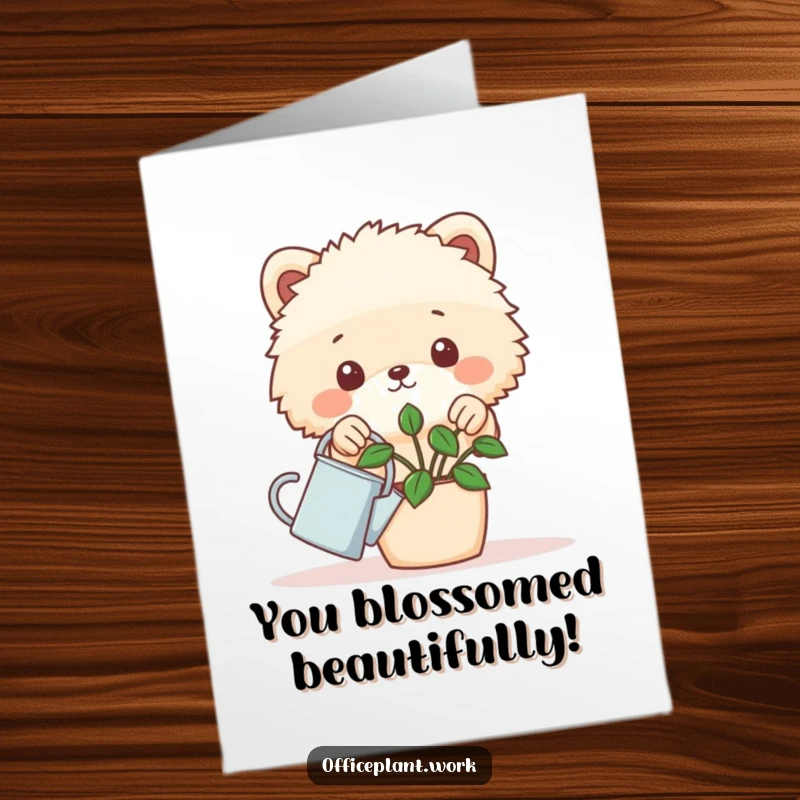 Funny Free Printable Fluffy Animal Congratulations Card, a fluffy animal watering a plant, symbolizing growth and success, print at home.