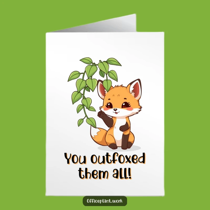 Free Printable Congrats Card: Funny Fox Cub Playing Plant, Downloadable Greeting for a Pouncing Achievement