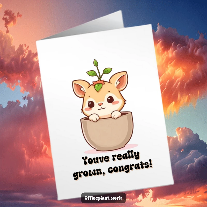 Funny Free Printable Congratulations Card: A curious animal peeks from a pot, celebrating success with a sprout.