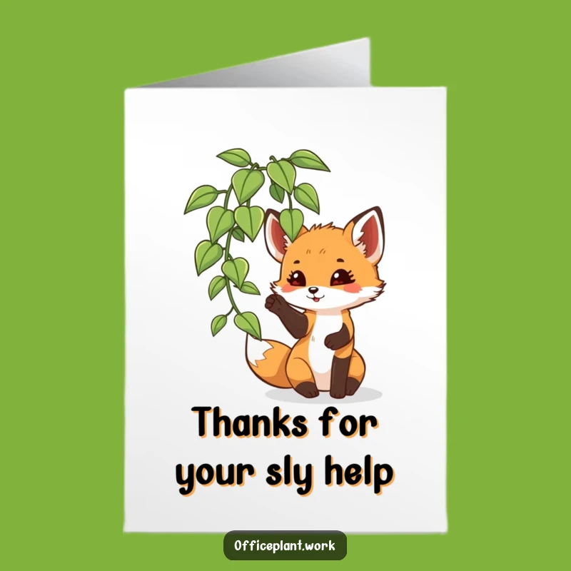 Free Printable Thank You Card: Funny Fox Cub Playing Plant, Downloadable Greeting for Playful Appreciation