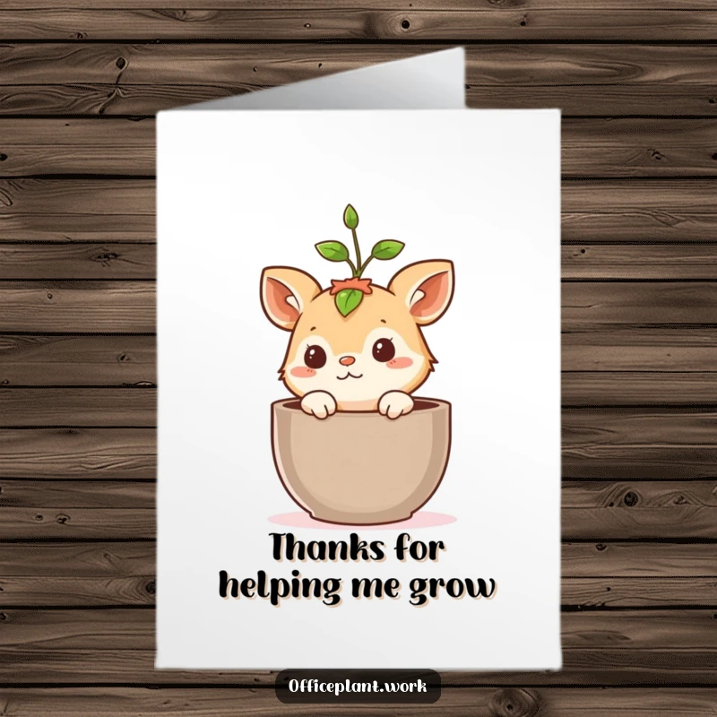 Funny Free Printable Thank You Card: Curious animal peeking from a plant pot, a sprout growing, saying thanks.