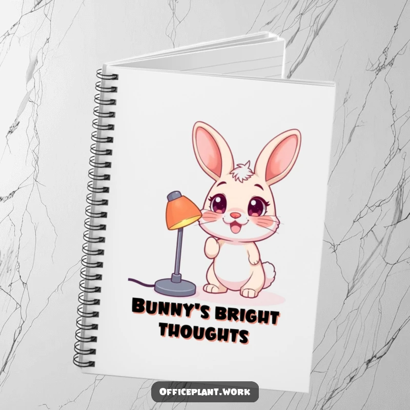 Funny bunny notebook, a happy creature nudging a desk lamp, perfect for jotting down ideas with a playful spirit.