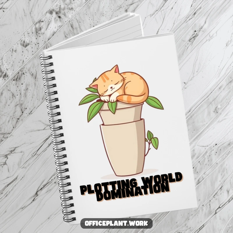 Funny notebook cover with a contented cat napping on a tall office plant pot, perfect for notes and sketches.