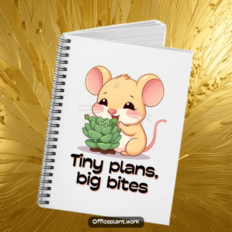Funny mouse notebook, a cheerful critter nibbling a succulent sprout, perfect for jotting down ideas with a botanical touch.