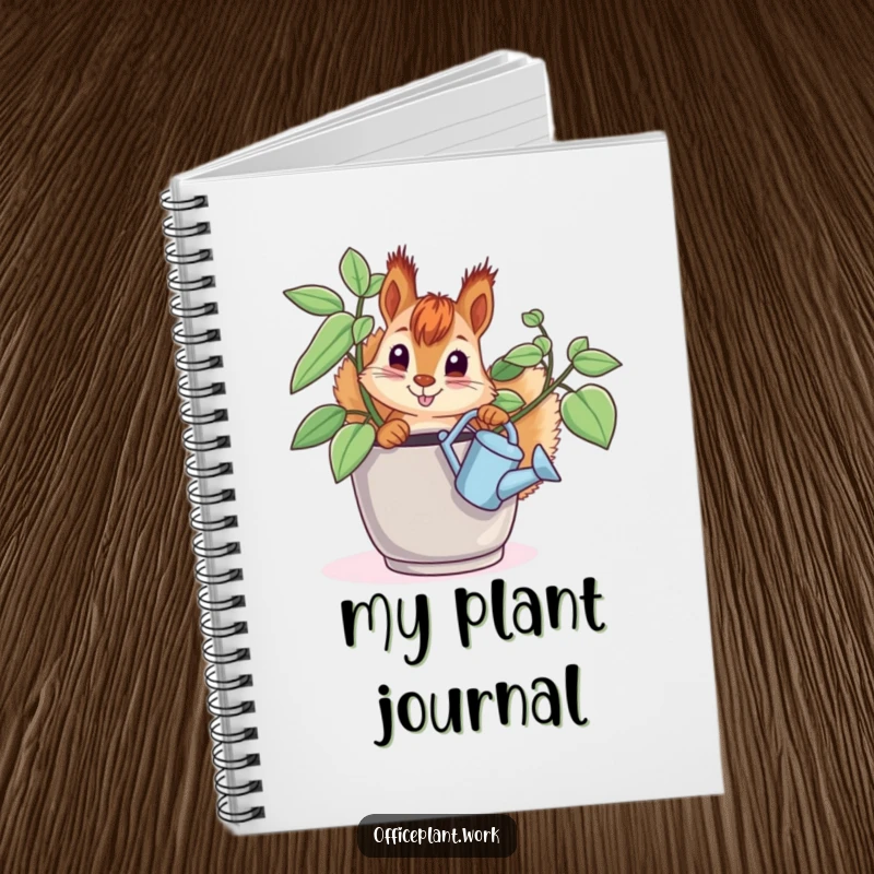 Funny squirrel notebook, a curious critter watering an office plant, perfect for jotting down ideas with a humorous touch.