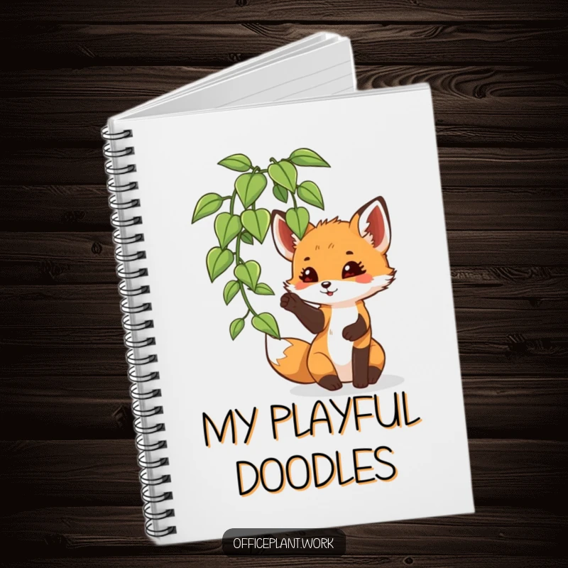 Funny fox cub notebook, a playful critter batting at an office plant leaf, perfect for jotting down ideas with a wild touch.