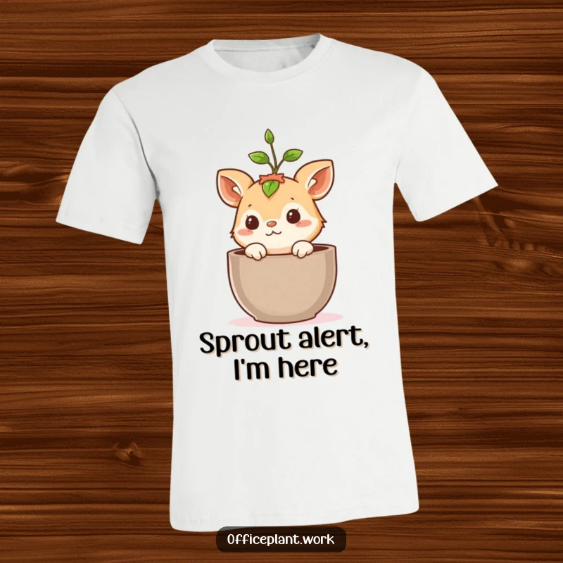 Funny t-shirt featuring a cute, curious animal emerging from a pot with a sprout on its head, exuding playful charm and plant-themed humor.
