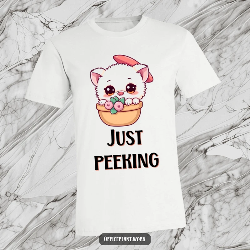 Funny fuzzy creature with big eyes peeking from behind a succulent on a t-shirt, a humorous and cute gift idea.