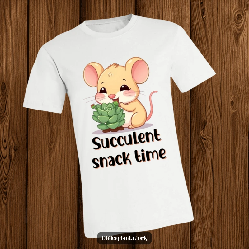 Funny mouse t-shirt, cheerfully nibbling a succulent sprout, ideal for plant lovers and cute creature fans.