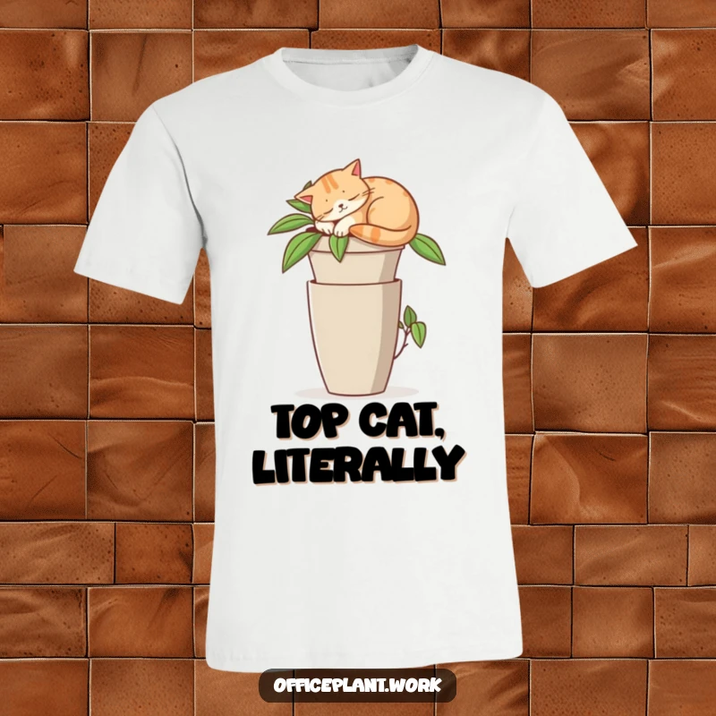 Funny t-shirt showcasing a contented cat napping peacefully atop a tall office plant pot, a humorous scene.