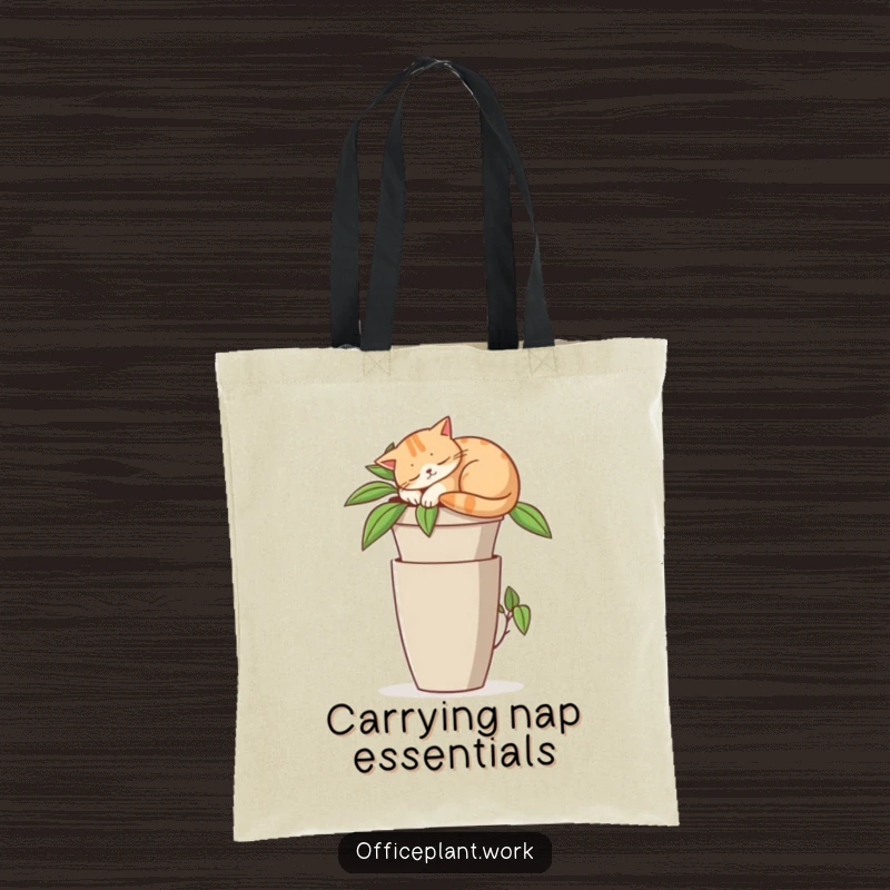 Funny tote bag featuring a contented cat snoozing on top of a tall office plant pot, a humorous accessory.