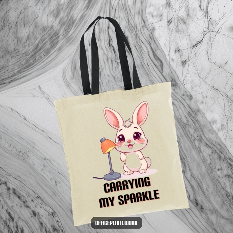 Funny bunny tote bag, bright-eyed and playful, nudging a desk lamp, designed for carrying items with humor.