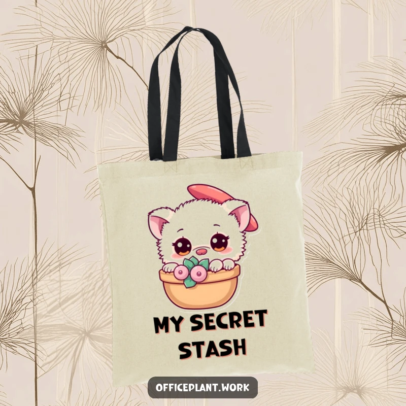 Funny fuzzy creature peeking from behind a succulent on a tote bag, a humorous and practical gift for plant enthusiasts.