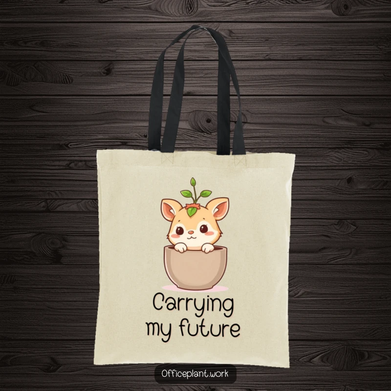 Funny tote bag showcasing a charming, curious animal peeking from a plant pot, a sprout sprouting playfully above, perfect for carrying essentials with humor.