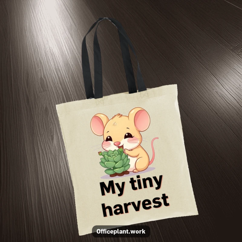 Funny mouse tote bag, cheerfully nibbling a succulent sprout, designed for carrying items with botanical humor.